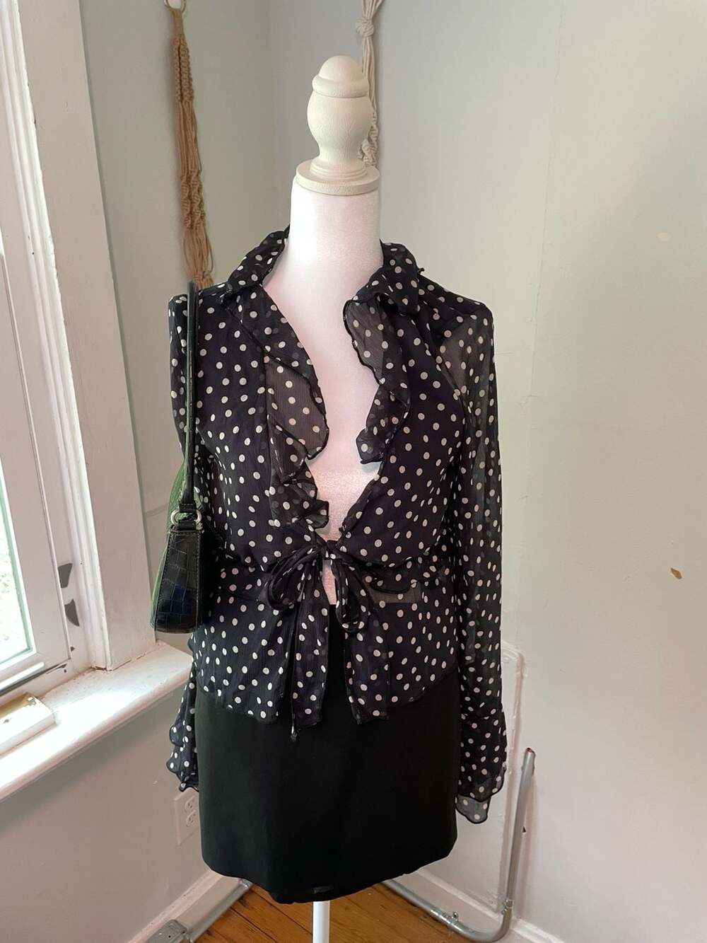 American Eagle Long-Sleeve Ruffle Blue Polkadot Blouse Size M